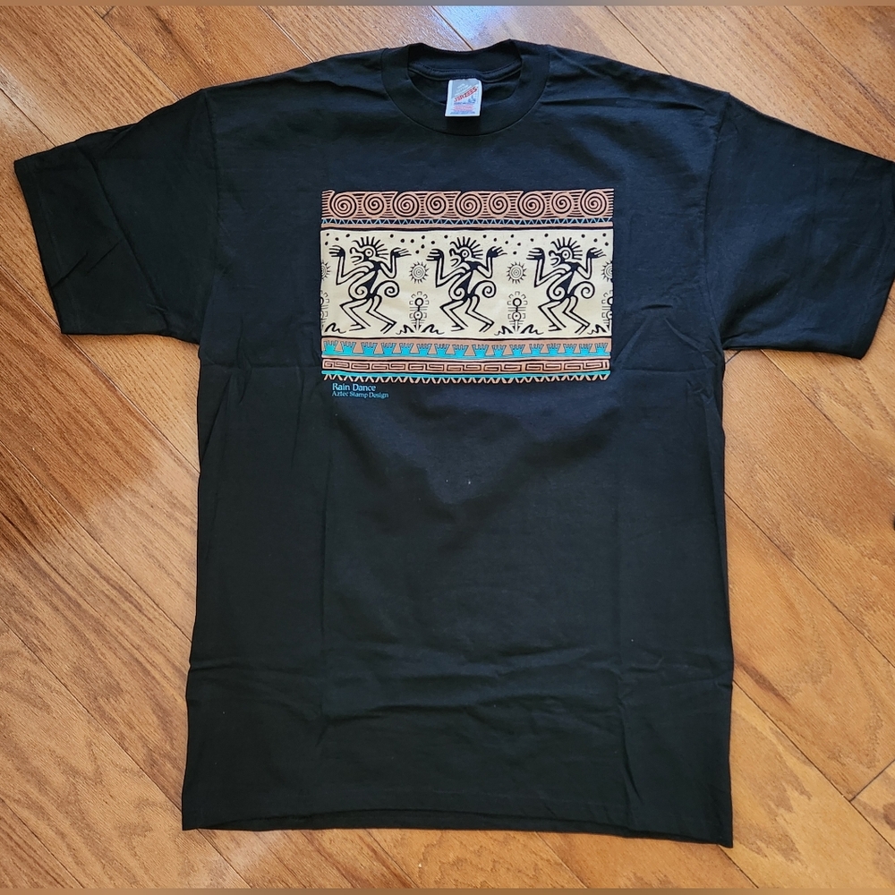 Vintage 90's Rain Dance Aztec Stamp Design Black T Shirt Size L